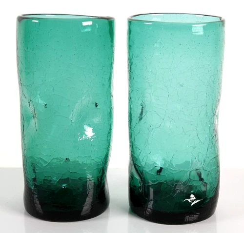 2 Blenko Vintage Teal Blue Green Glasses Crackle Dimple Pinched 5 3/4" Tumbler