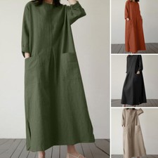 Women 3/4 Sleeve Round Neck Casual Loose Vintage Kaftan Long Maxi Shirt Dress US