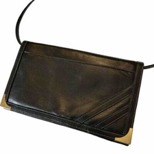 Vintage Black Leather Shoulder Bag Envelope Style Snap Gold Details 1980 Retro