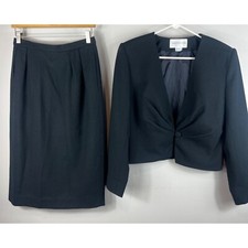 Vintage Jones New York Skirt Suit Wool Blazer  A-line 100 Wool Black Sz 8 USA