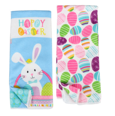 New Easter Polyester Kitchen Towel 15'' x 25'' when open ~ Eggs and Bunny  (Qty 2)