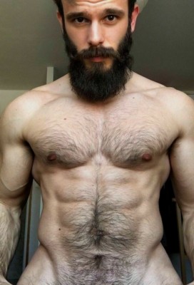 Shirtless Male Beefcake Thick Beard Hairy Chest Abs Ripped Body