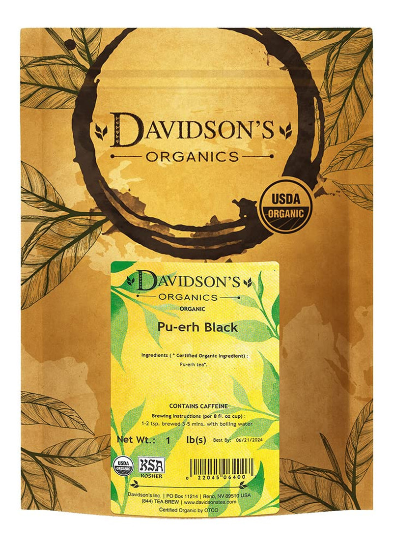 DavidsonS Organics, Черный Пуэр, Рассыпной листовой чай, пакетик по 16 унций, Упаковка может быть