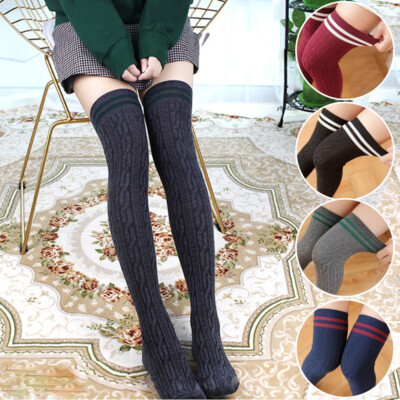 Girls Ladies Women Thigh High Over the Knee Socks Extra Long Striped Stockings 