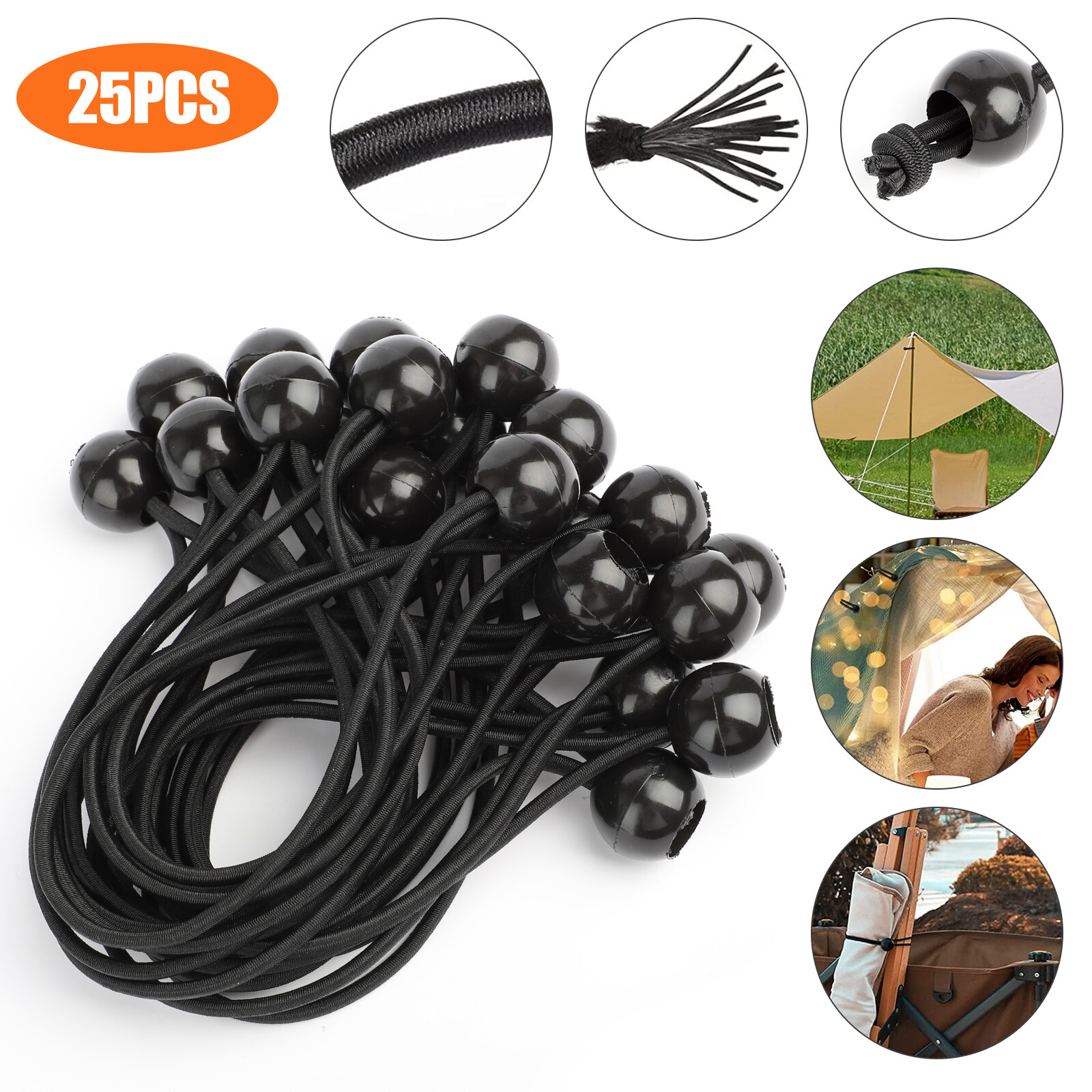 25Pcs 6inch Black Ball Bungee Bungie Cord Heavy Duty Canopy Tarp Tie Downs Strap eBay