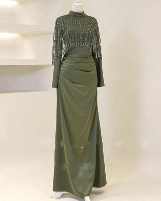 Muslim Satin Evening Dress Mermaid Sequined Long Sleeves High Neck Dignified