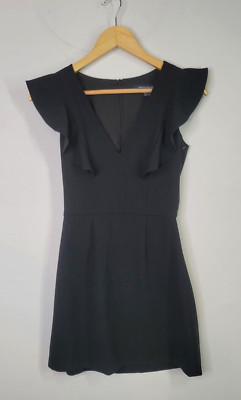 French Connection Dress 0 Black Flutter Ruffle Stretch LBD Lined V Neck Flare