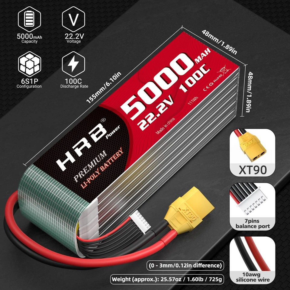 2PCS HRB 6S 22.2V 5000mAh Lipo Akku 100C XT90 für RC Hubschrauber Flugzeug Quad - Bild 2 von 4