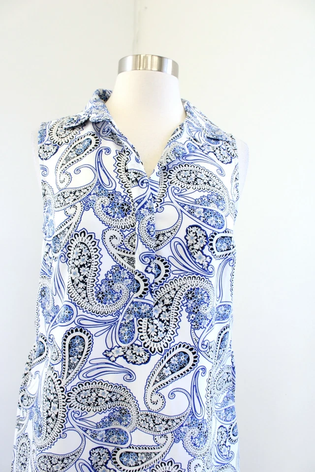 Vestido Camisa Banana Republic Azul Blanco Cachemira Estampado Floral Corbata Cintura Cambio Talla 2 Foto 4 de 4