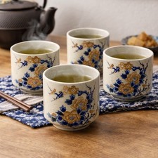 Japanese Ceramic Tea Cups Set of 4 Blue Orange Floral Speckled Stoneware Yunomi