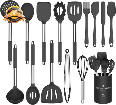 15 Piece Silicone Cooking Utensil Set Stainless Steel Handle Non Stick