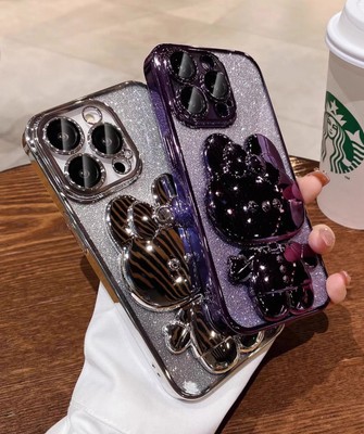 Women iPhone 16 Pro Glitter Bling Bunny Cute Clear Case - Purple