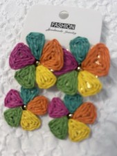 Boho Multicolor Raffia Flower Drop Earrings 2.5 inches Long