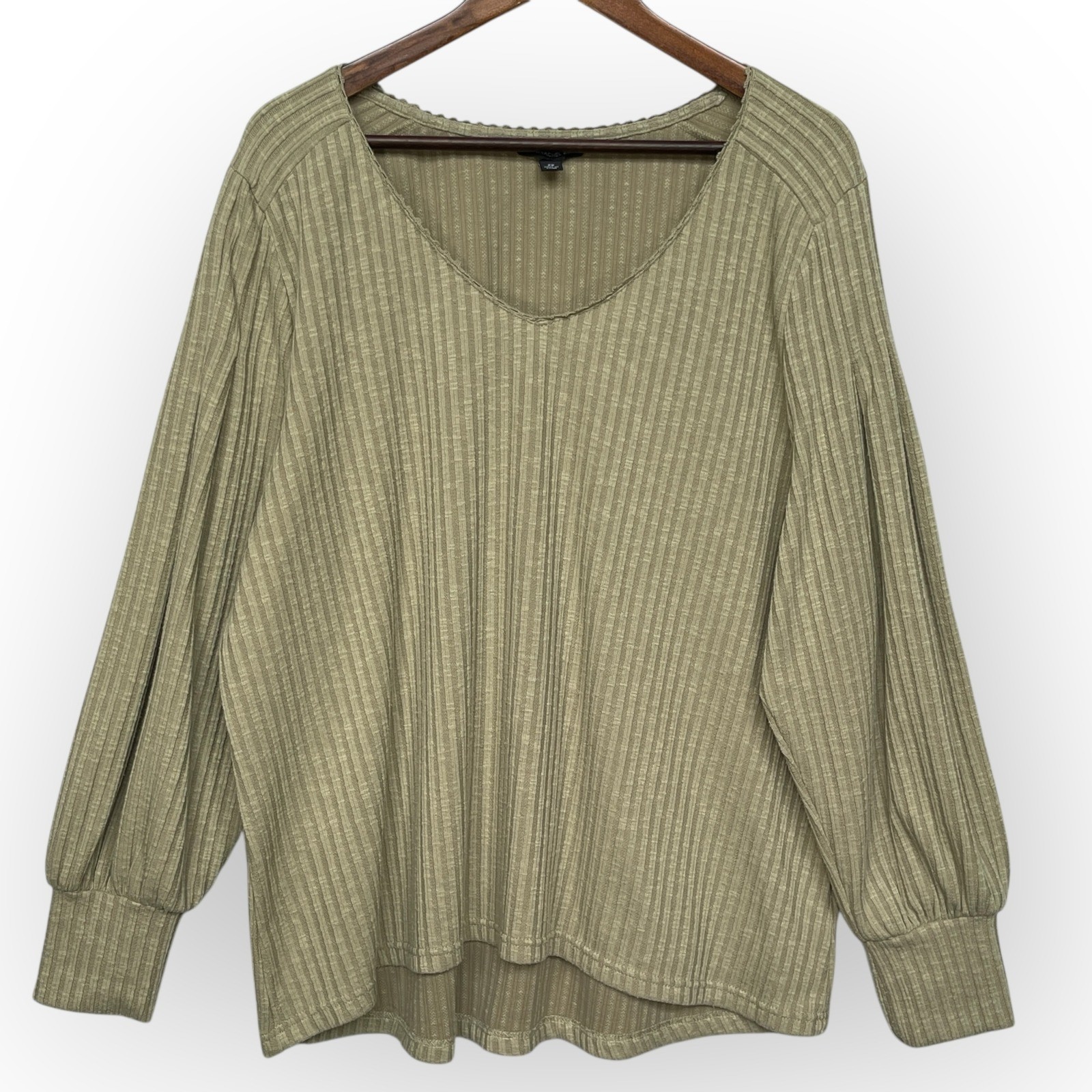 Zac & Rachel Woman 2X Olive Green Ribbed Knit Long Sleeve V Neck Top Blouse