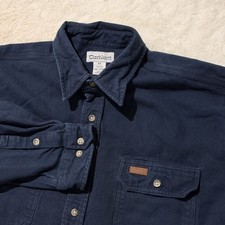 Carhartt Button Up Cotton Shirt Navy Blue Long Sleeve Work Chore Men  s XL Tall