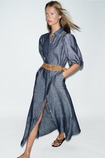 NTW XS ZARA Linen Blend BELTED MIDI DRESS INDIGO lapel collar balloon sleeves