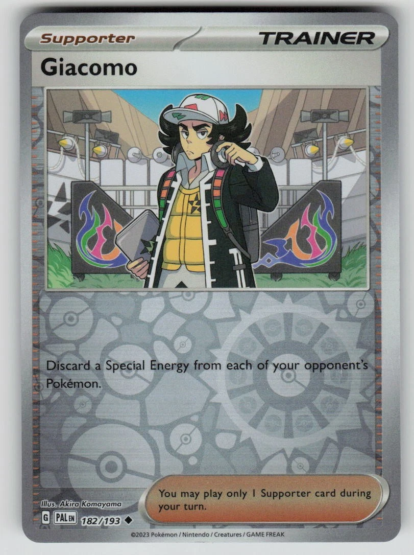 giacomo pokemon card TCG Scarlet & Violet Discard a Special Energy from each of your opponents PokmonYou may play only 1 Supporter card during your turn. Giacomo SV02: Paldea Evolved #252/193