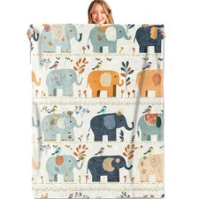 Colorful Elephant Throw Blanket,50x60in,Soft,Lightweight Flannel,Cute Birds F...
