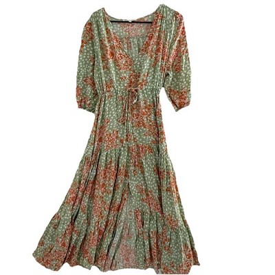 Abel The Label Floral Boho Maxi Dress M Green Orange Tie Waist Australia