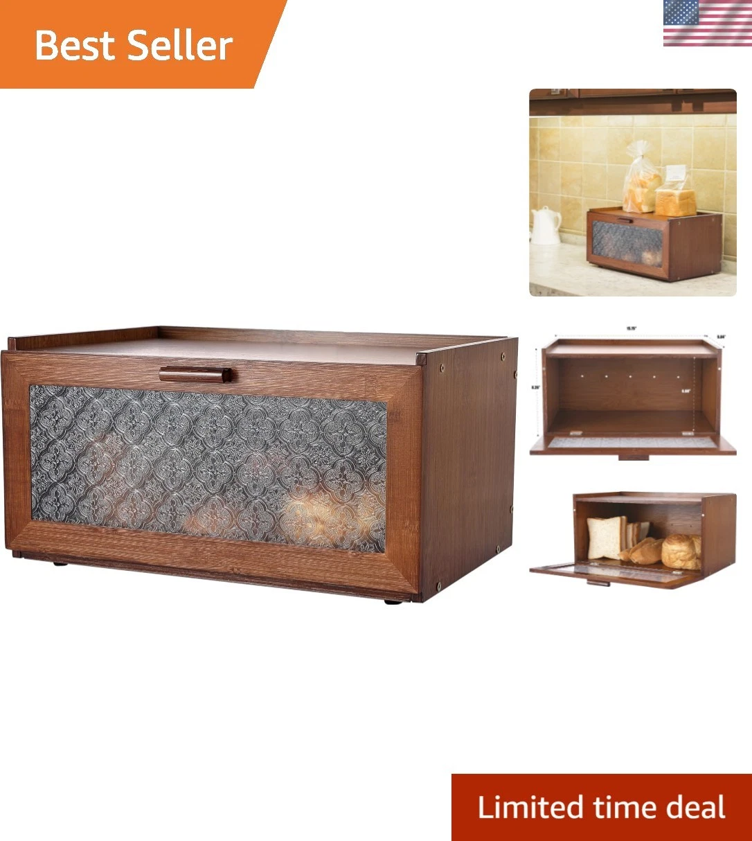 Vintage Bread Box for Kitchen Countertop - Retro Brown Bread Storage Box Brea...