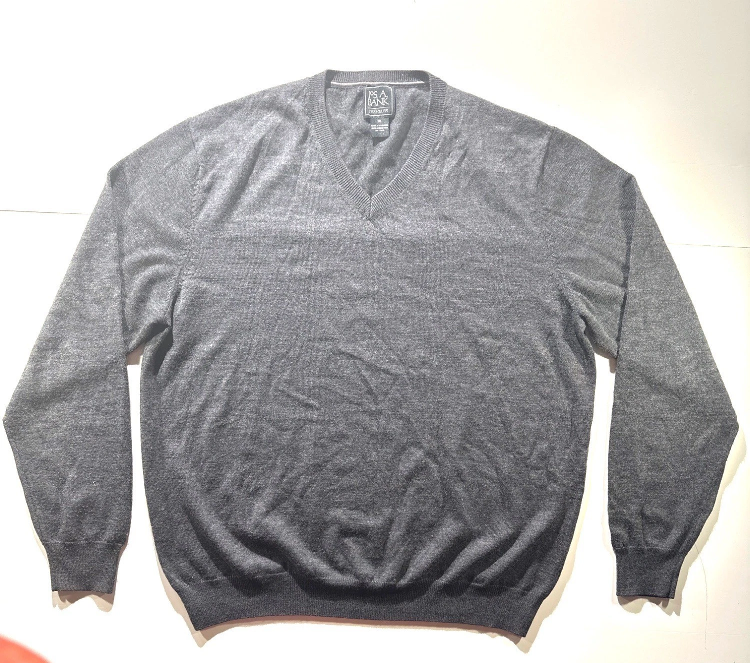 Jos. A. Bank Traveler V-Neck Sweater XXL Gray 100% Merino Wool Classic Fit Light