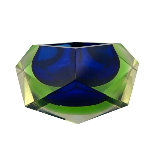 Vintage Murano Sommerso Faceted Art Glass Bowl Blue & Green Italy 1960s MCM