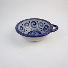 Steingut Schale mit Griff Salzglasur Handbemalt Blau Grau