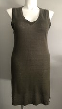 360 Sweater Italian Yarn V-Neckline Slvls. Linen Knit Olive Green Tunic Dress M