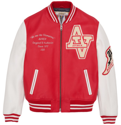 AVIREX WILDCAT PEBBLE APPLIQUE COWHIDE LEATHER VARSITY JACKET IN