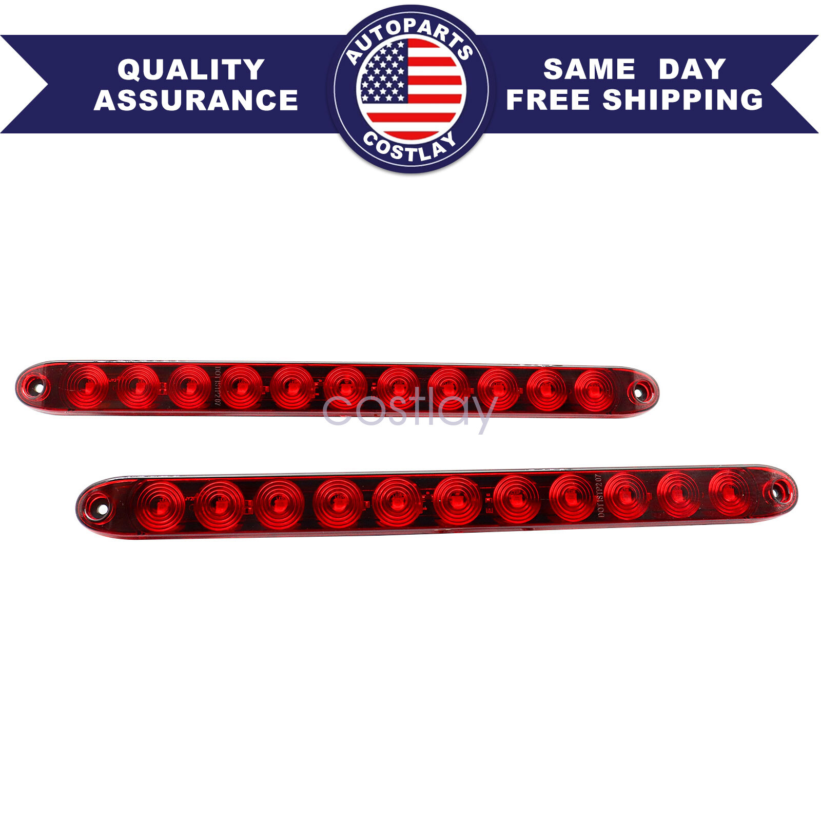 2PCS 16inch Red Truck Trailer Light Bar 11 LED Stop Turn Tail Brake