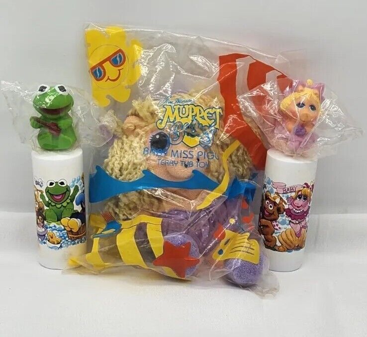 3 VTG 80's AVON Muppet Babies Finger Puppet Bubble Bath Kermit Shampoo & Tub Toy