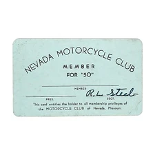 Vintage Nevada Motorcycle Club Member For 50 Membership Card, Missouri