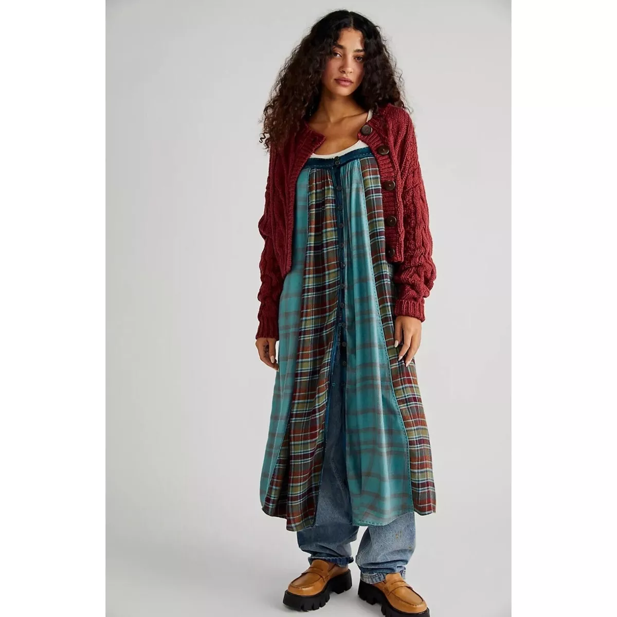 Free People Riley Plaid Midi Dress Size Small Shapeless Flannel