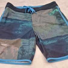 Prana Men's Blue Swim Board Shorts Trunks Sz 33 Modern Art Pattern Surf 8"inseam