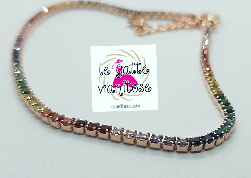 Bracciale tennis argento 925 pietre colorate rainbow 🌈 multicolor oro rosa. - Immagine 3 di 4