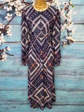 Women's M&S Midi Dress Size 12 Long Sleeve Multi Print Flowy Flare Crew Neck