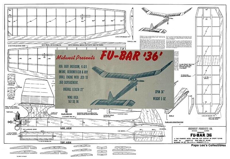 Model Airplane Plans (FF): FU-BAR 36 • 36" wingspan 1/2A by Midwest (Nostalgic)