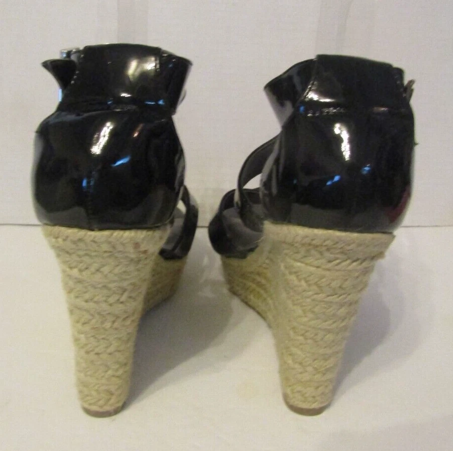 G by Guess Sandals Black Patent Leather Wedge Rope Heels Womens Size 8M - Image 4 of 4