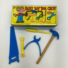 Ohio Art Busy Boy Tool Chest 5 Soft Plastic Tools Toy Set USA Yellow Blue VTG