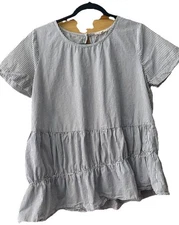 Pleione Tunic Blouse Medium Blue/White Stripe Ruffled Elastic Bottom Classic 093