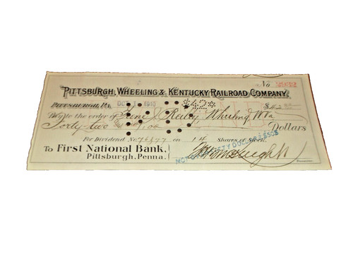 1910 PITTSBURGH WHEELING & KENTUCKY RAILROAD COMPANY CHECK PRR PENNSYLVANIA 