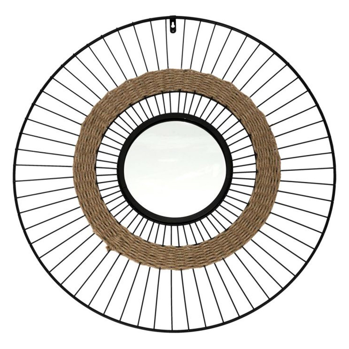 Miroir mural design filaire 60cm en métal noir et bois naturel, finition haut de gamme