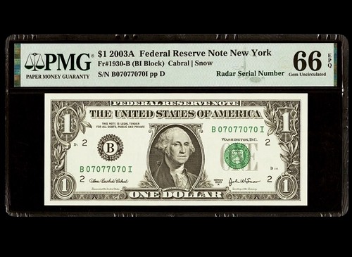 2003 A $1 Dollar Radar Fancy Serial Number B07077070I PMG 66 EPQ FRN New York - Picture 2 of 3