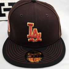 NWT LA Dodgers New Era Cooperstown Brown Red Fitted Hat 50th Anniv. Patch  7 1/2
