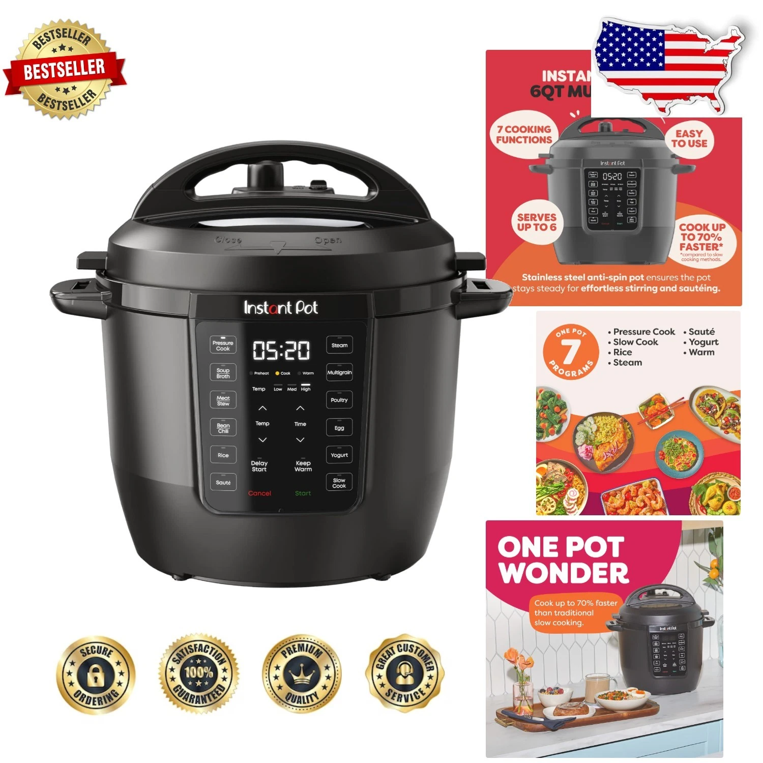 RIO 6-Quart 7-in-1 Multi-Cooker: Programmable Pressure Cooker, Slow Cook, Sau...