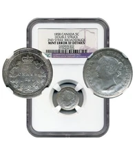 1858 Canada 5 Cents, MINT ERROR, Double Struck, 2nd Broadstruck - NGC EF Details