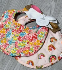 Mud Pie floral rainbow pink 2 muslin bib silicone spoon set Baby shower gift