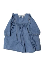 Molo Girls Button Back 3/4 Sleeve Crew Neck Shift Dress Blue Cotton Size 1