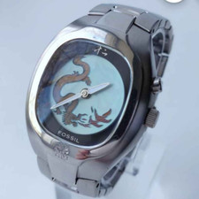 Fossil Armbanduhr Edelstahl silber, blaues Zifferblatt, analog, Drache