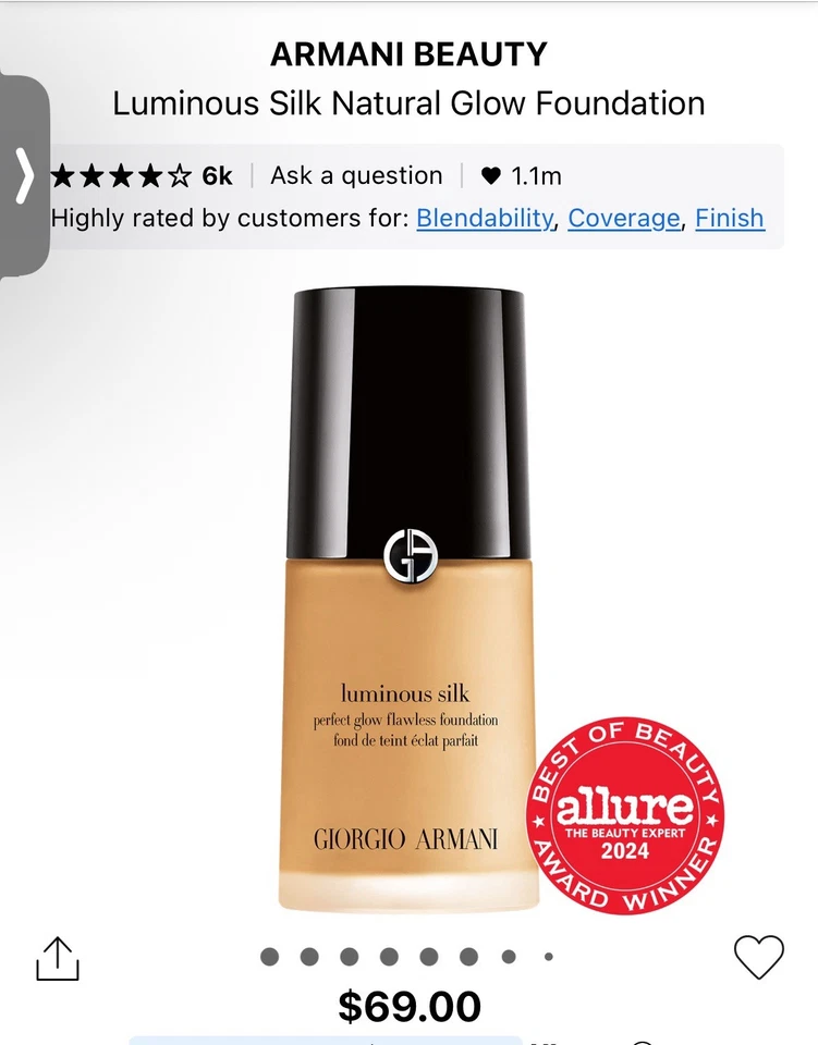 Base de maquillaje de seda luminosa Giorgio Armani tono 5,8 nueva en caja 1 fl OZ Foto 4 de 4